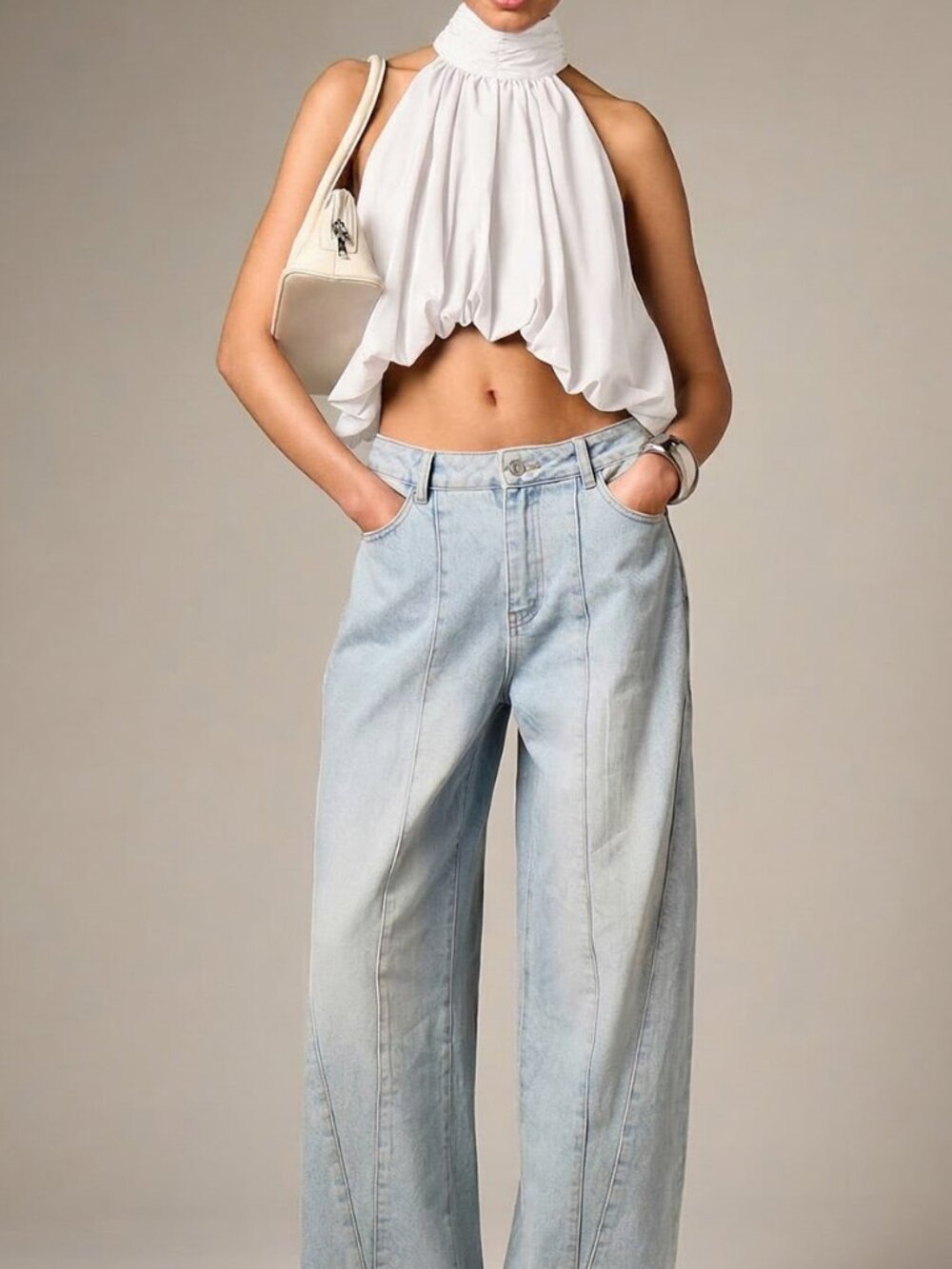 White Casual Women's Sleeveless Halter Neck Puffball Top - Picture 3 of 6